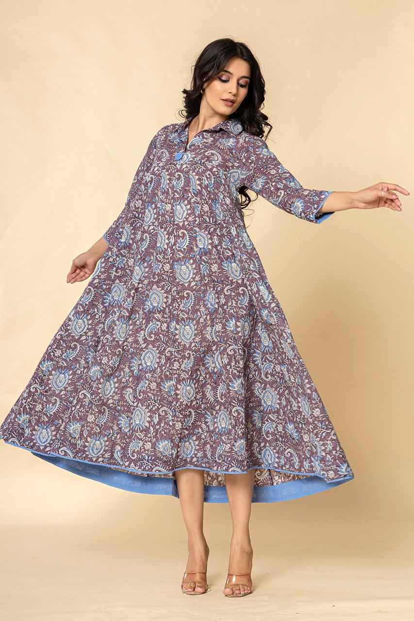 Naksh Purple Blue Block Printed Kalidar Kurta-Dress