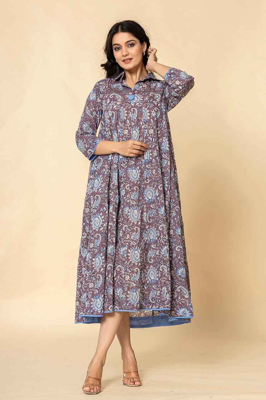 Naksh Purple Blue Block Printed Kalidar Kurta-Dress