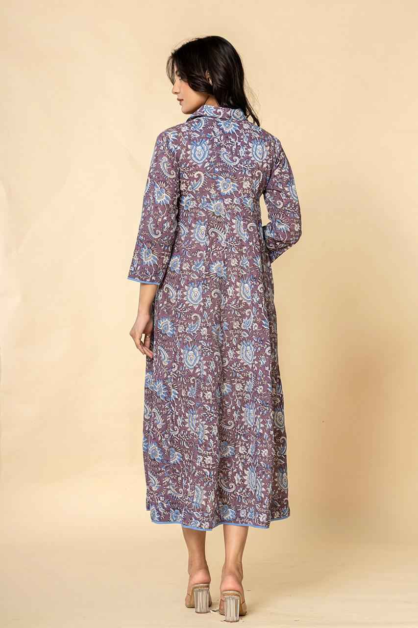 Naksh Purple Blue Block Printed Kalidar Kurta-Dress