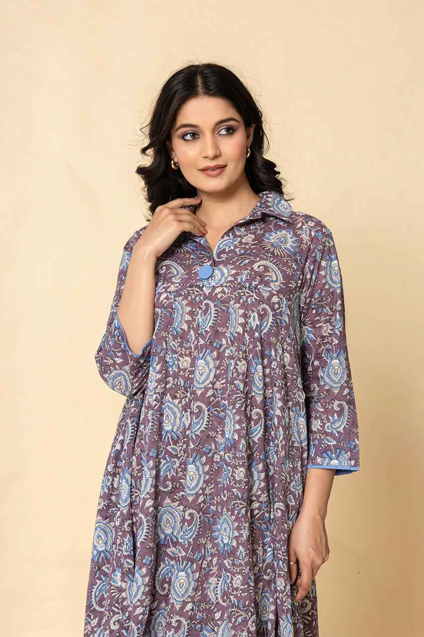 Naksh Purple Blue Block Printed Kalidar Kurta-Dress