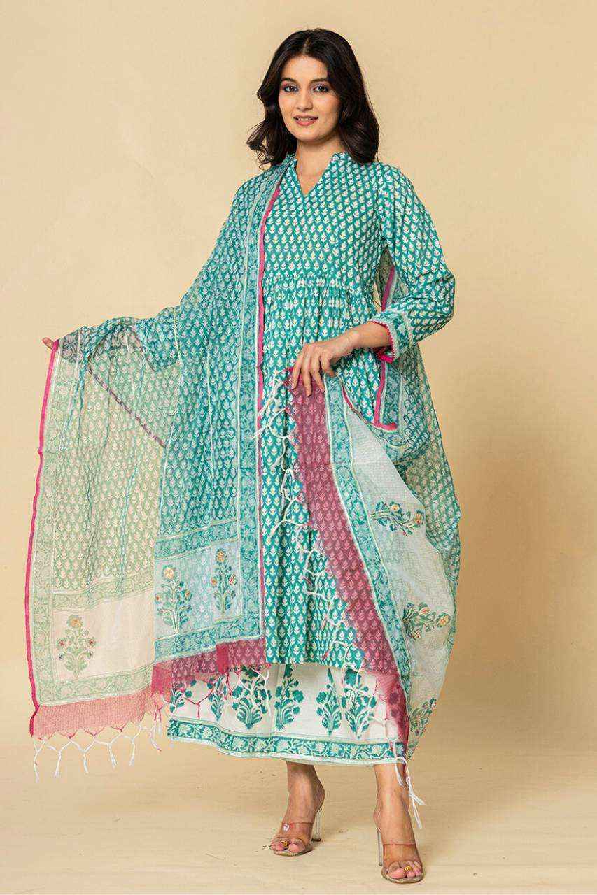 (Set of 3) Naksh Sea Green Gathered Kurta-Duptta-Pants