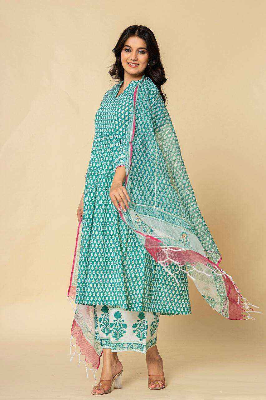 (Set of 3) Naksh Sea Green Gathered Kurta-Duptta-Pants