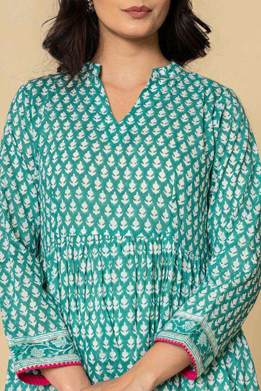 (Set of 3) Naksh Sea Green Gathered Kurta-Duptta-Pants