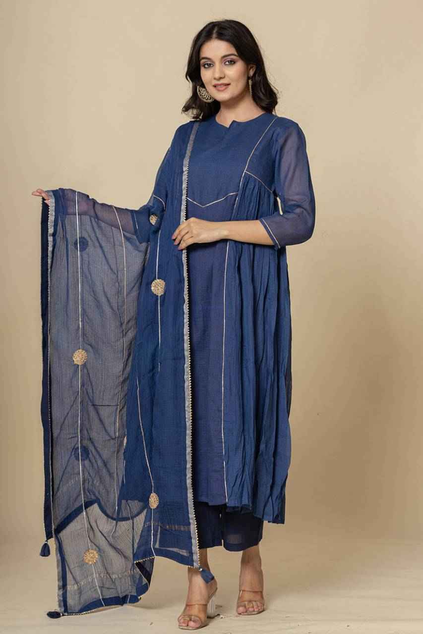 (Set of 3) Naksh Blue Pure Kota Doriya Kurta