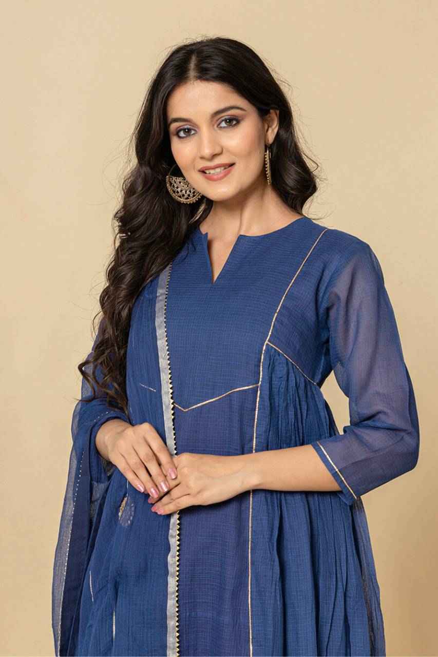 (Set of 3) Naksh Blue Pure Kota Doriya Kurta
