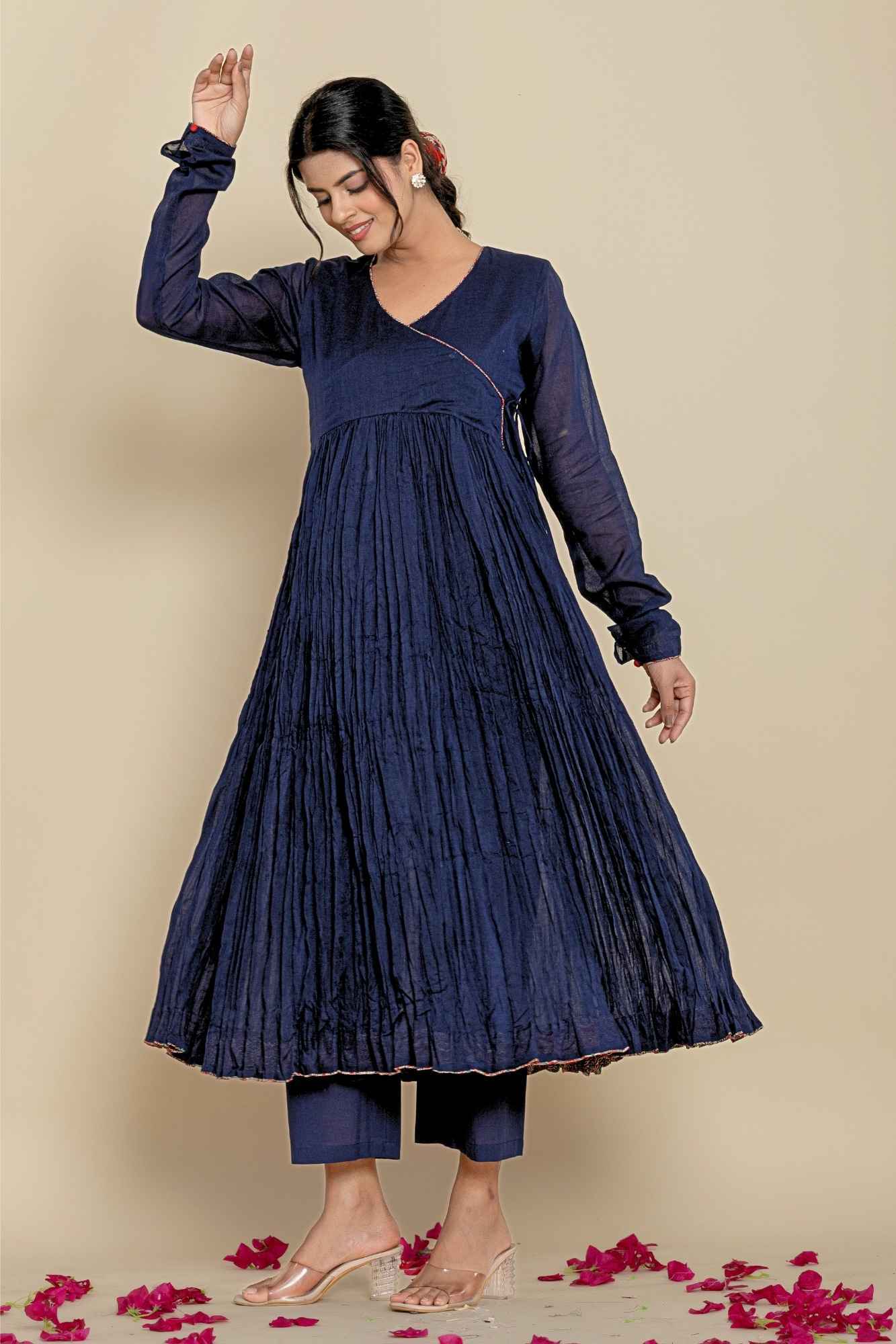 (Set of 2) Naksh Cotton Dark Blue Angarkha Style Gathered Long Kurta And Pants