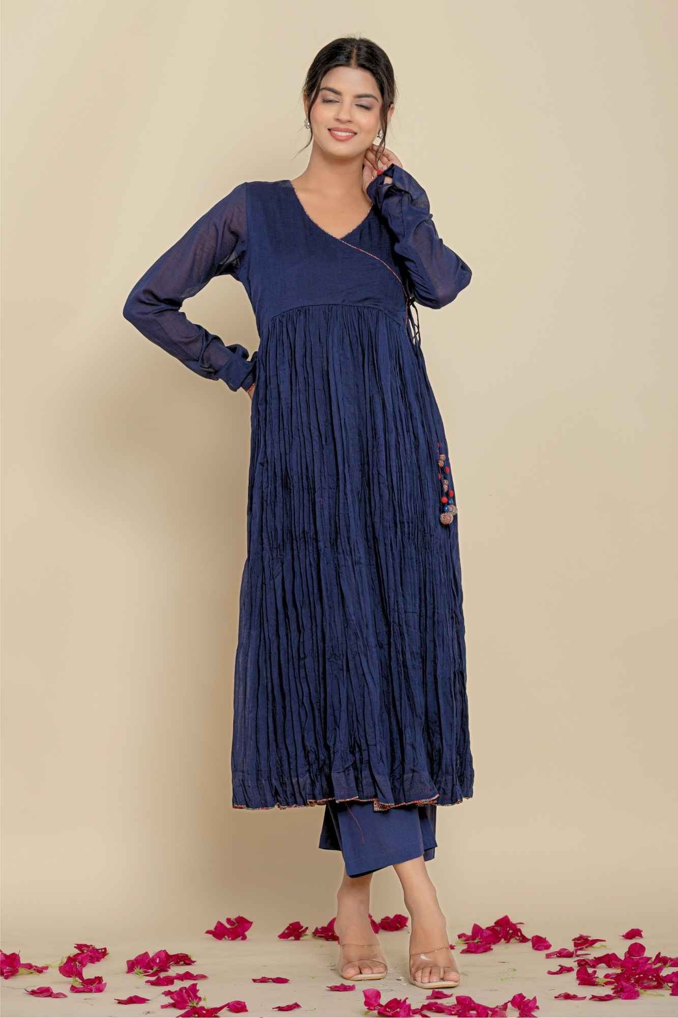 (Set of 2) Naksh Cotton Dark Blue Angarkha Style Gathered Long Kurta And Pants