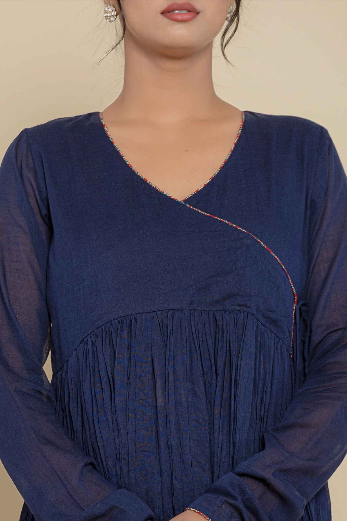 (Set of 2) Naksh Cotton Dark Blue Angarkha Style Gathered Long Kurta And Pants