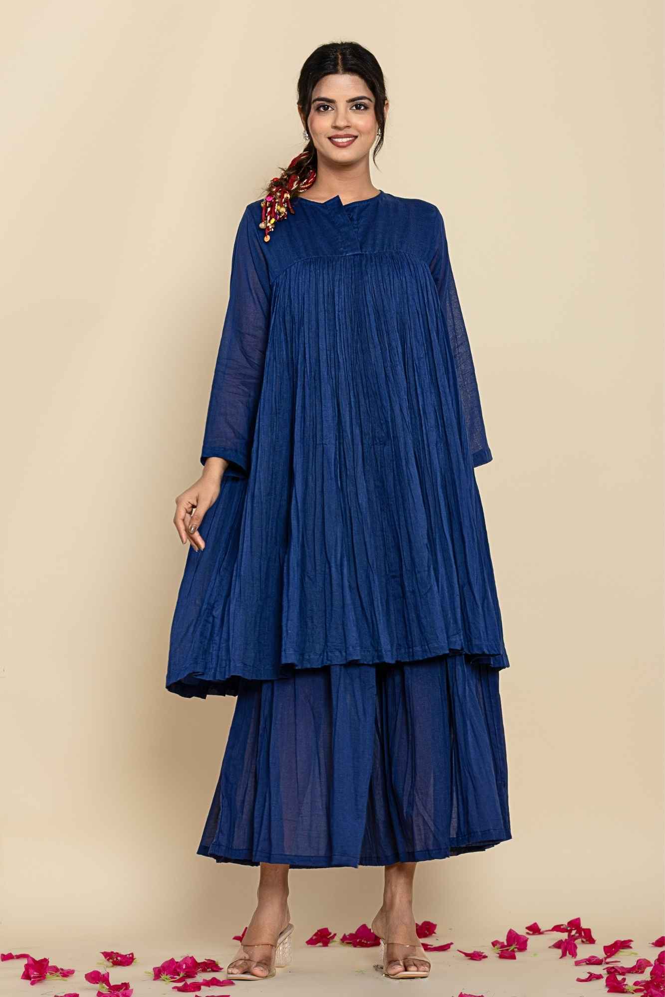 (Set of 2) Naksh Dark Blue Solid Voile Gathered Kurta And Sharara