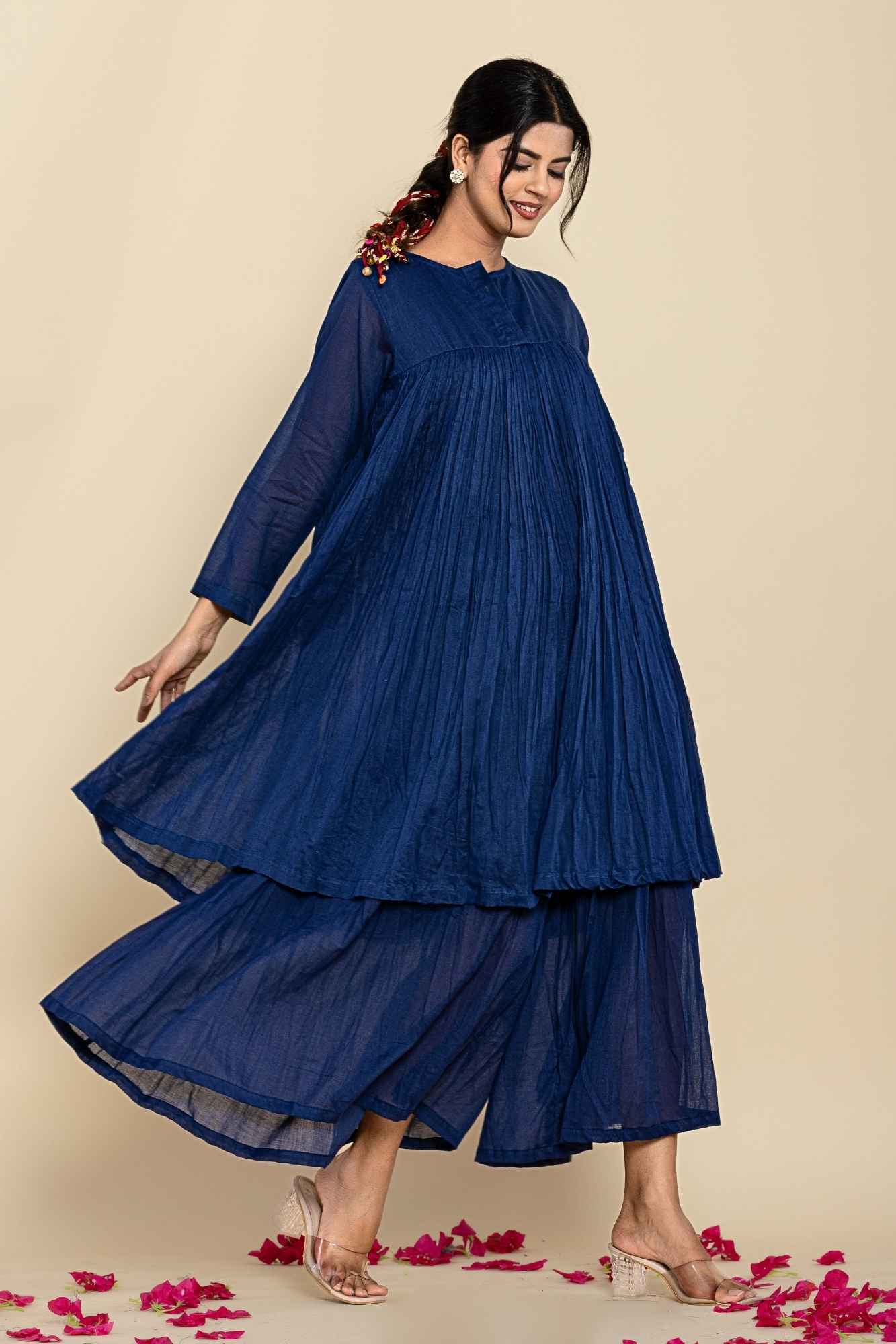 (Set of 2) Naksh Dark Blue Solid Voile Gathered Kurta And Sharara