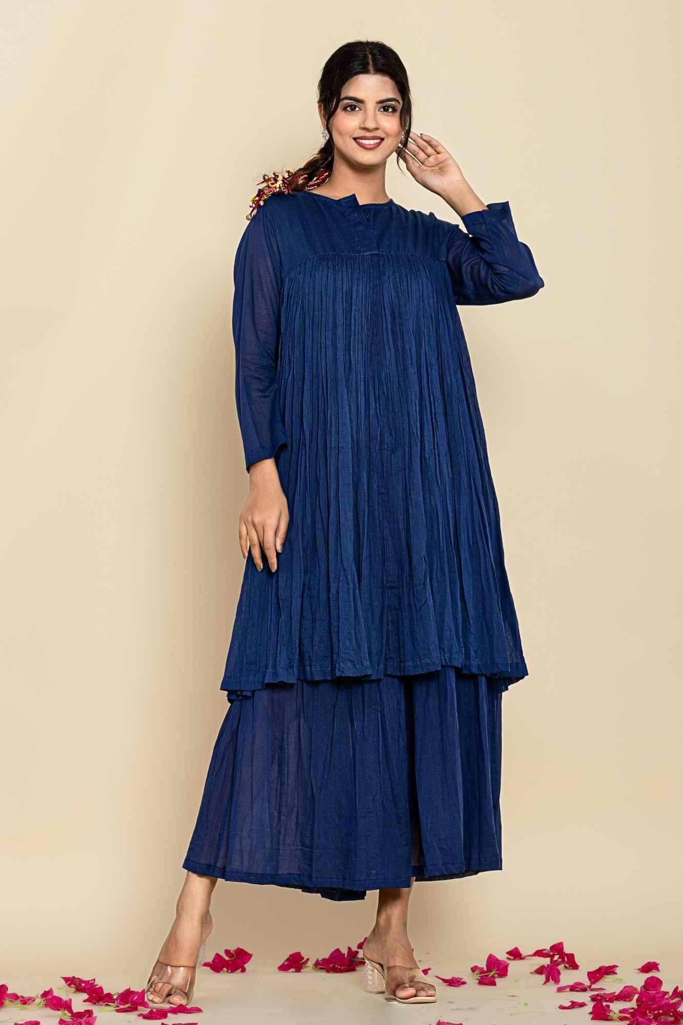 (Set of 2) Naksh Dark Blue Solid Voile Gathered Kurta And Sharara