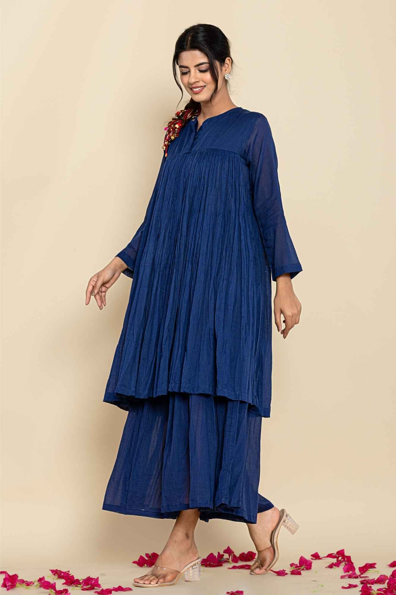 (Set of 2) Naksh Dark Blue Solid Voile Gathered Kurta And Sharara