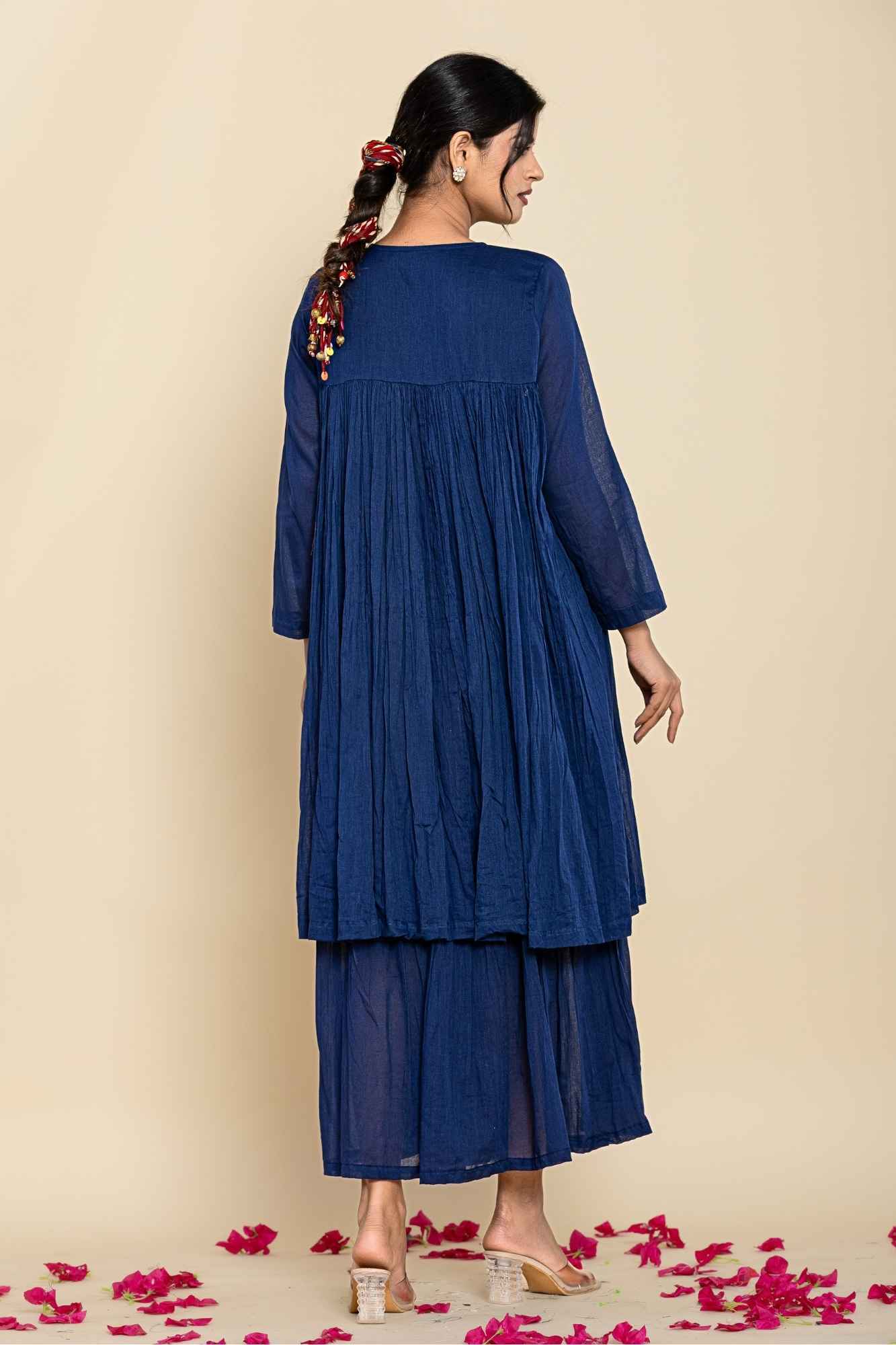 (Set of 2) Naksh Dark Blue Solid Voile Gathered Kurta And Sharara