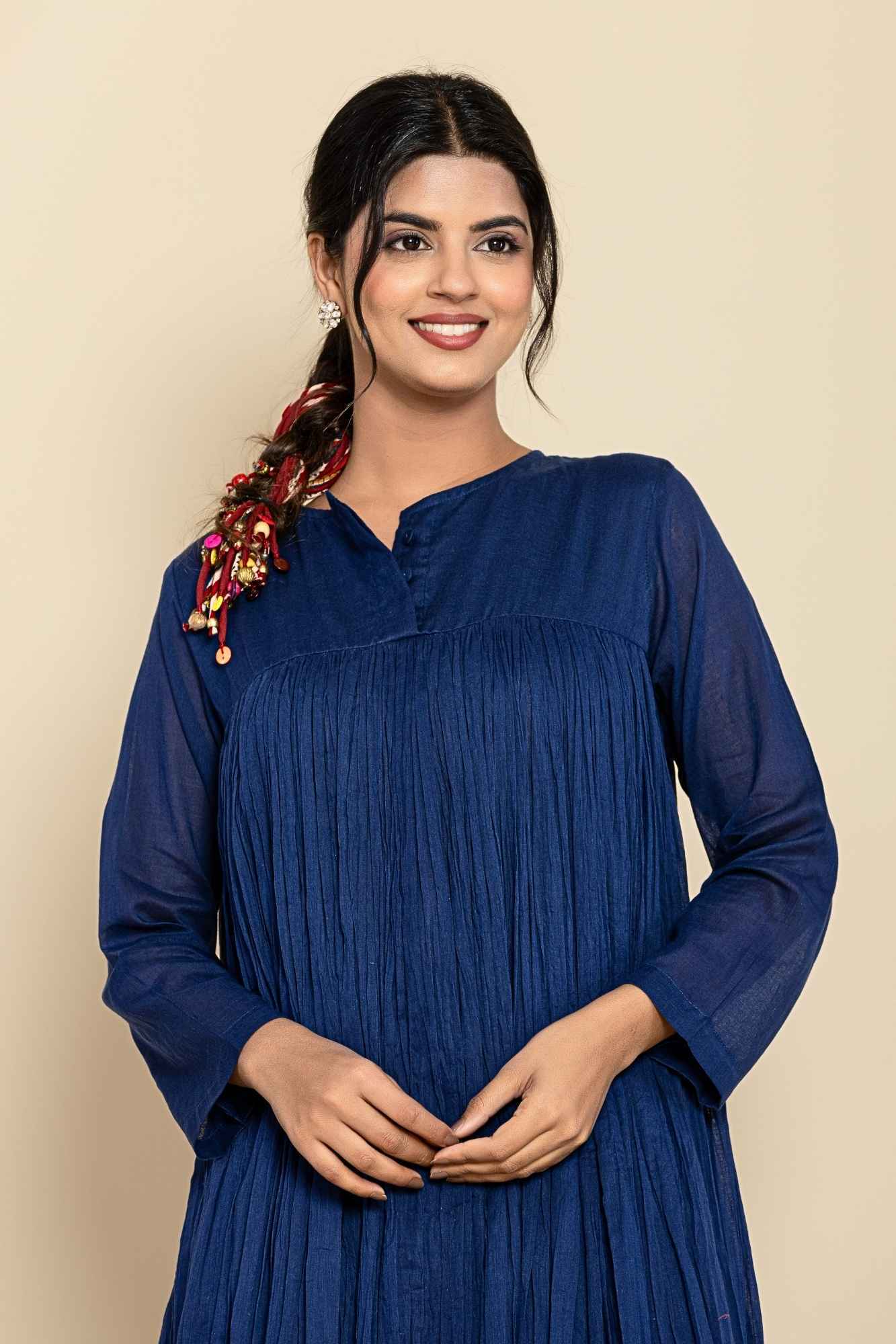 (Set of 2) Naksh Dark Blue Solid Voile Gathered Kurta And Sharara