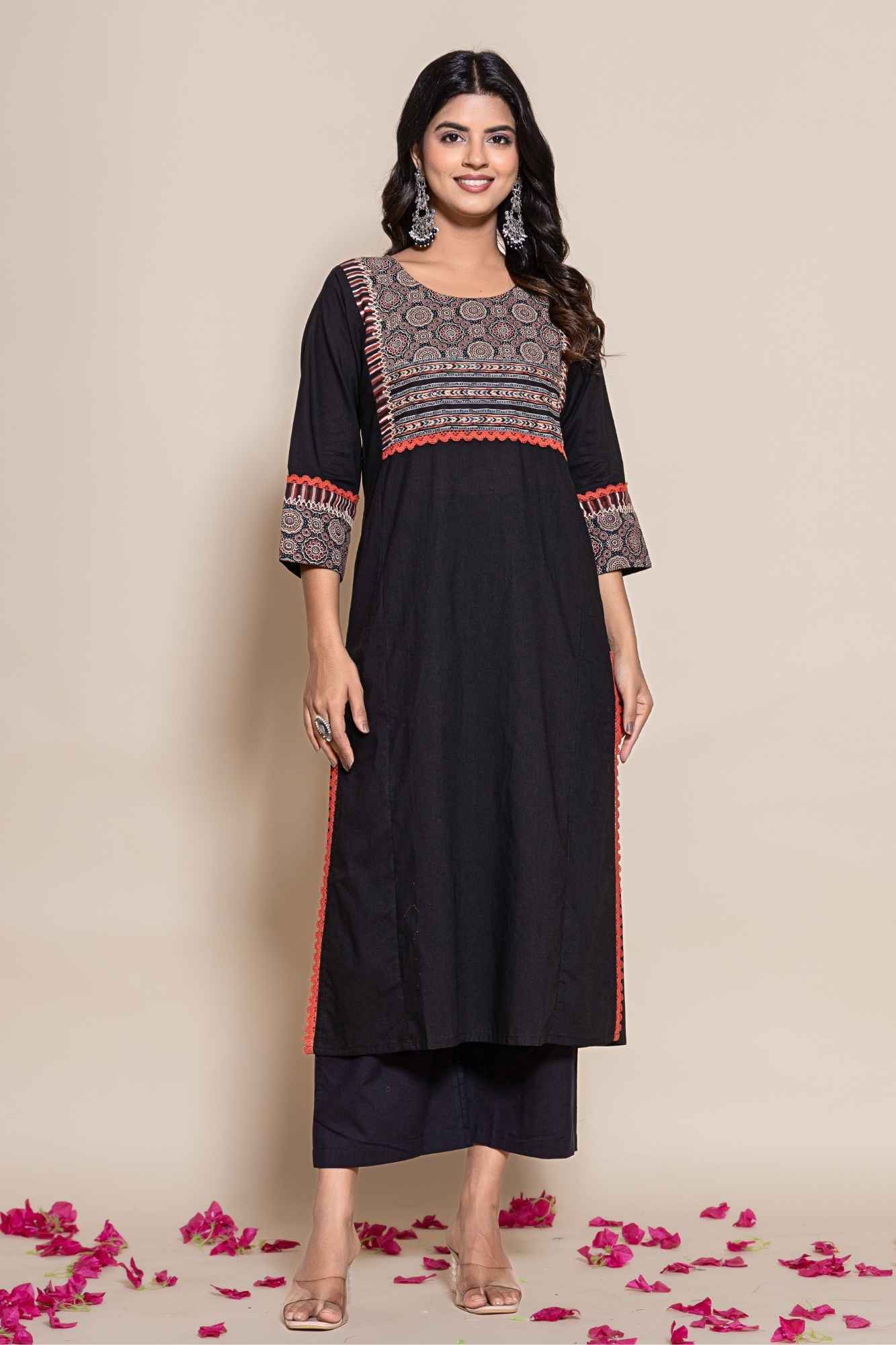 Naksh Solid Black Straight Kurta Printed Yoke