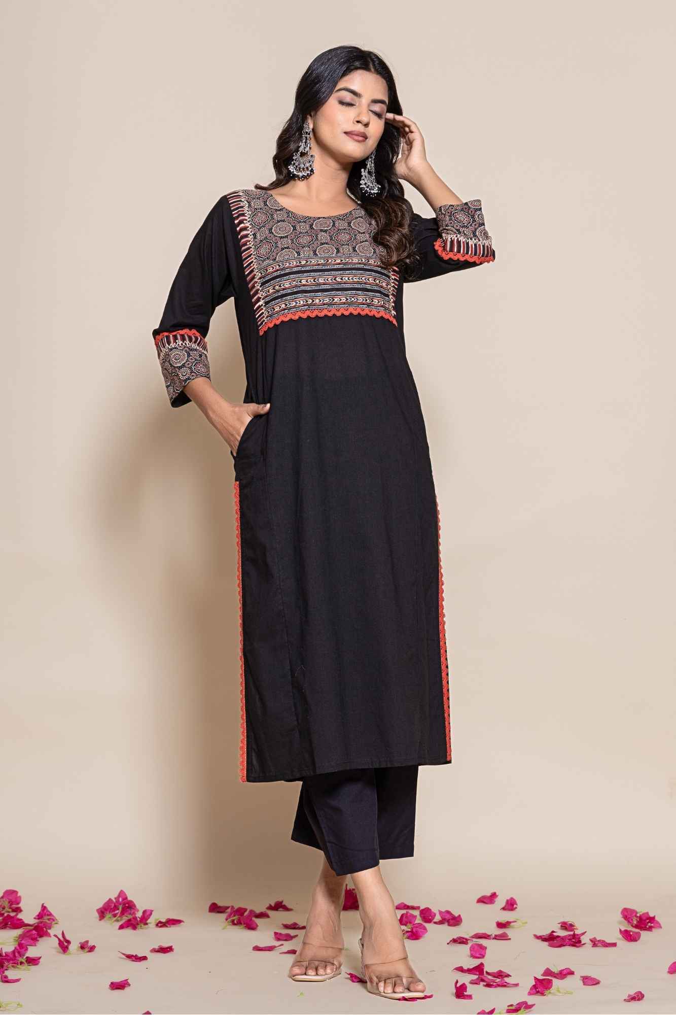 Naksh Solid Black Straight Kurta Printed Yoke