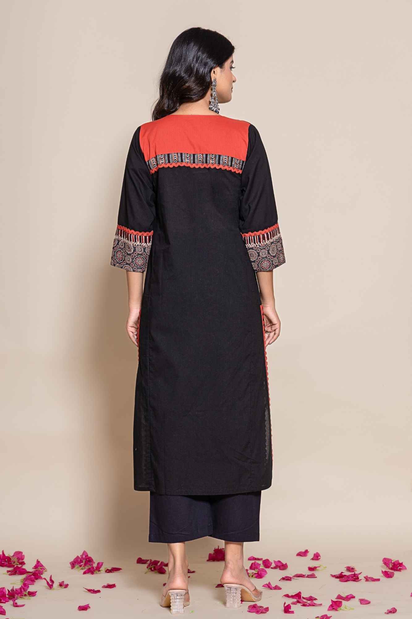 Naksh Solid Black Straight Kurta Printed Yoke