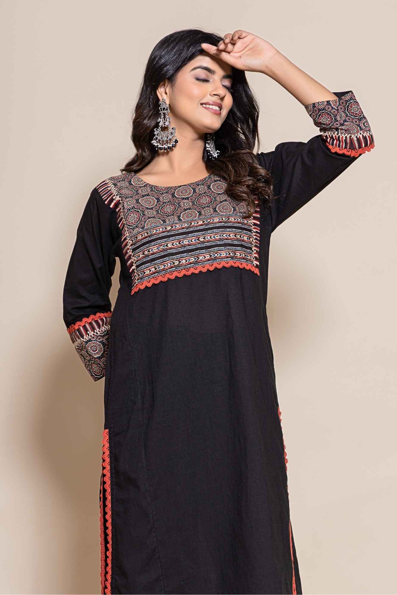 Naksh Solid Black Straight Kurta Printed Yoke