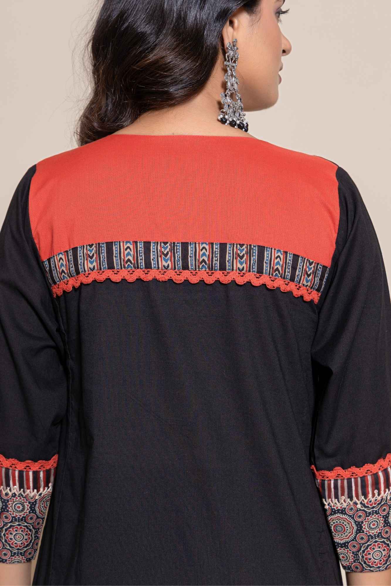 Naksh Solid Black Straight Kurta Printed Yoke