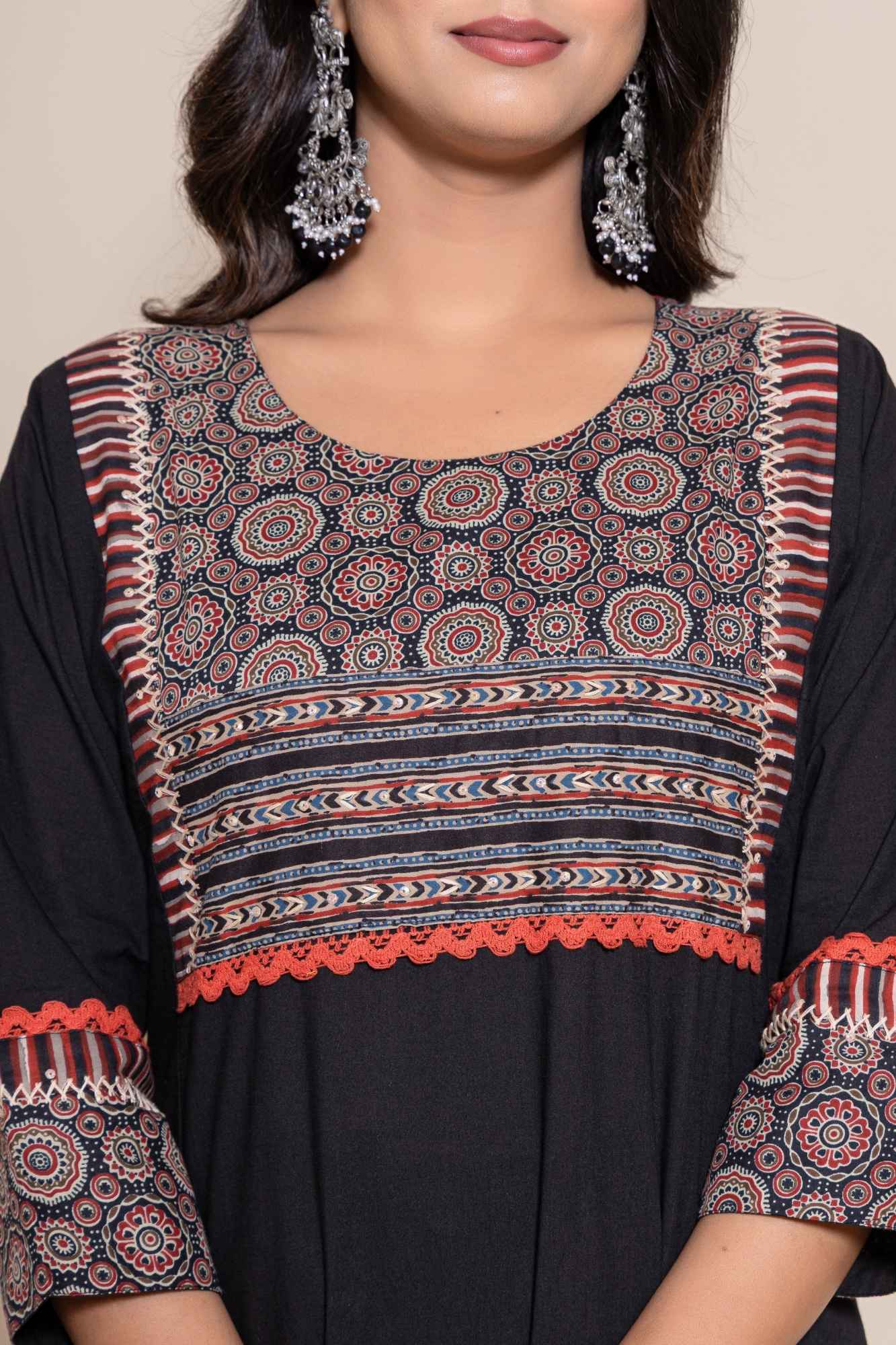 Naksh Solid Black Straight Kurta Printed Yoke