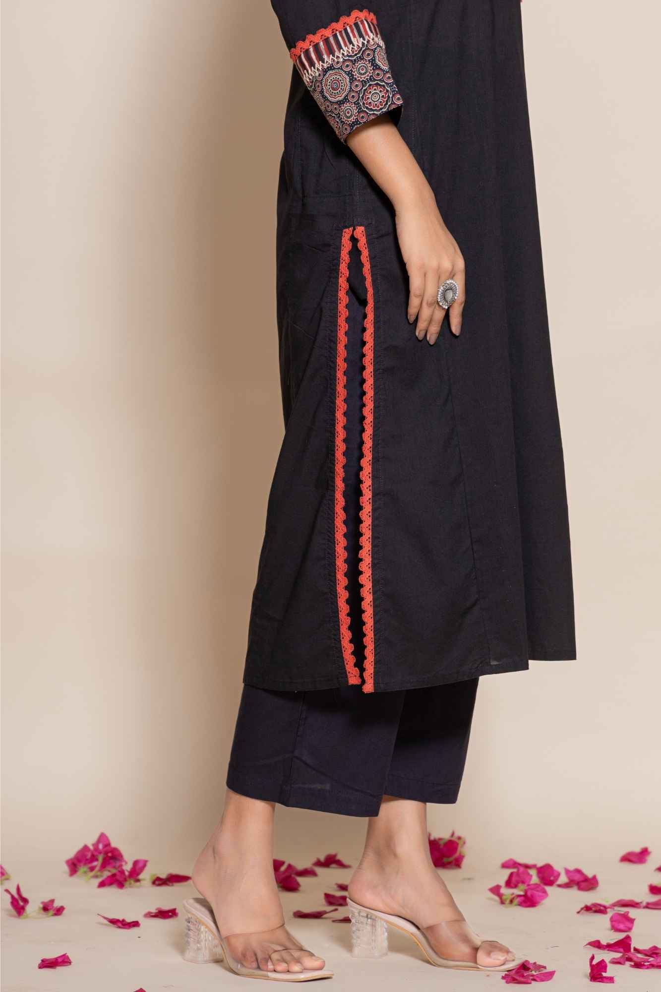 Naksh Solid Black Straight Kurta Printed Yoke