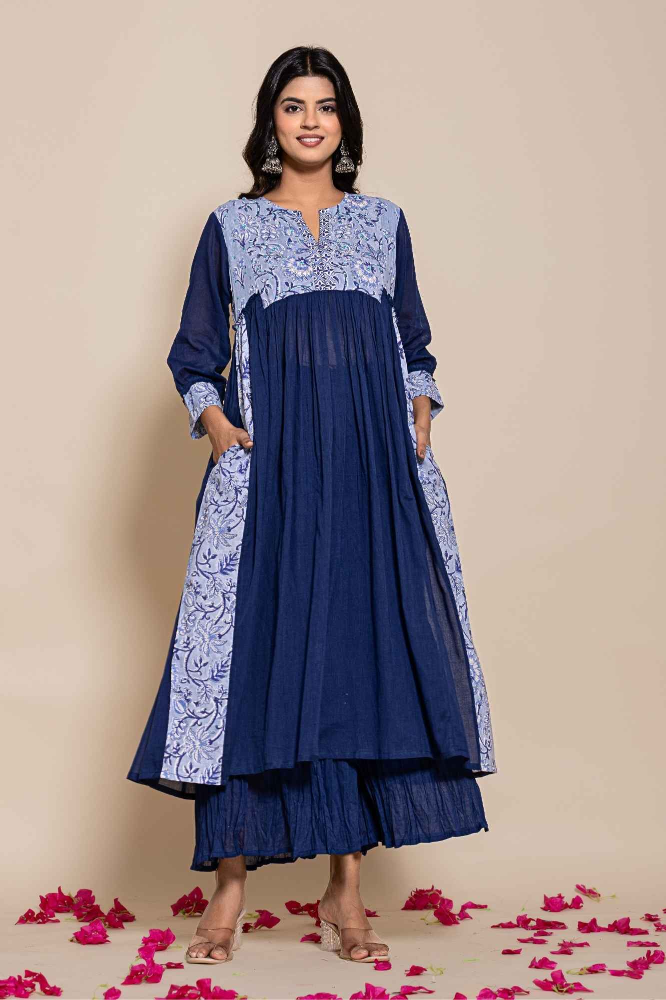 (Set of 2) Naksh Blue Cotton Voile Gathered Kurta with Sharara