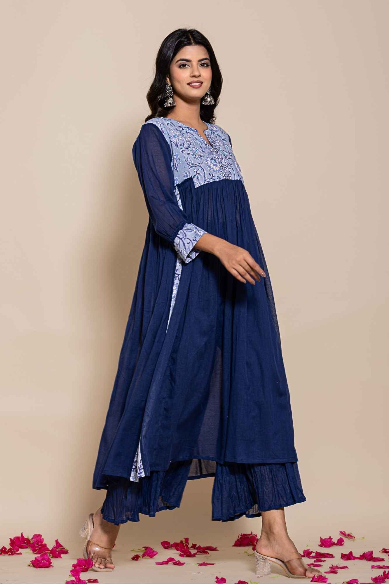 (Set of 2) Naksh Blue Cotton Voile Gathered Kurta with Sharara