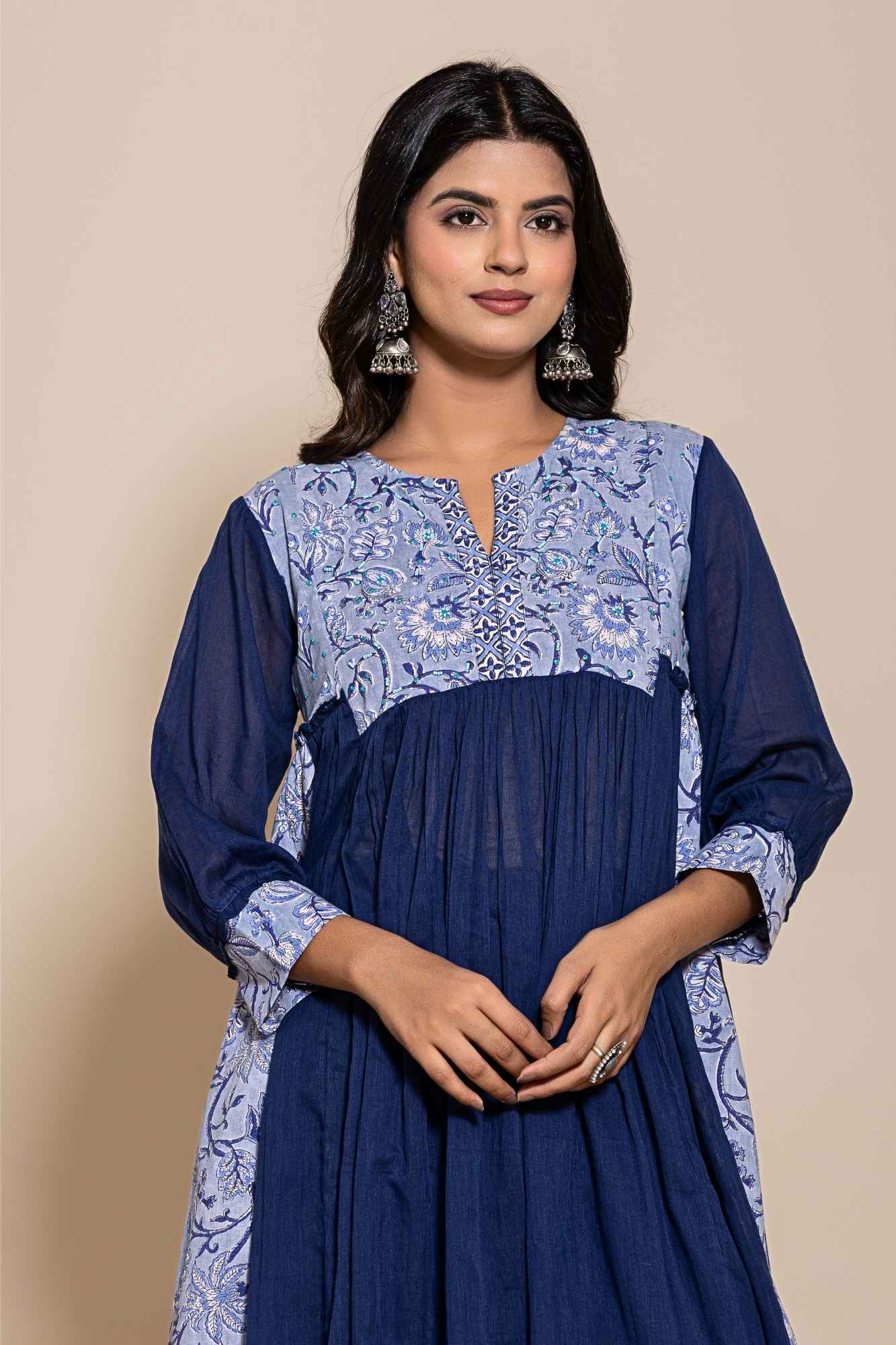 (Set of 2) Naksh Blue Cotton Voile Gathered Kurta with Sharara