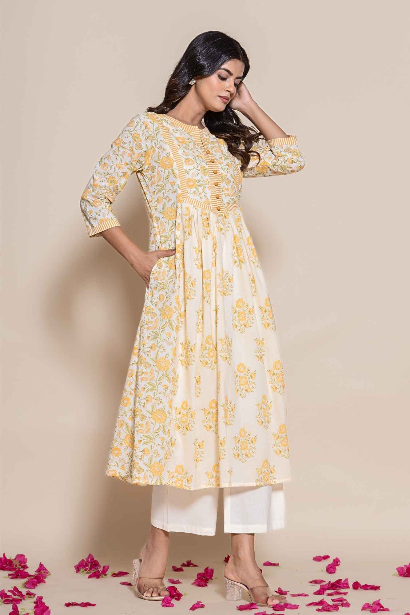 Naksh Off-White Double Printed A-Line Gathered Kurta