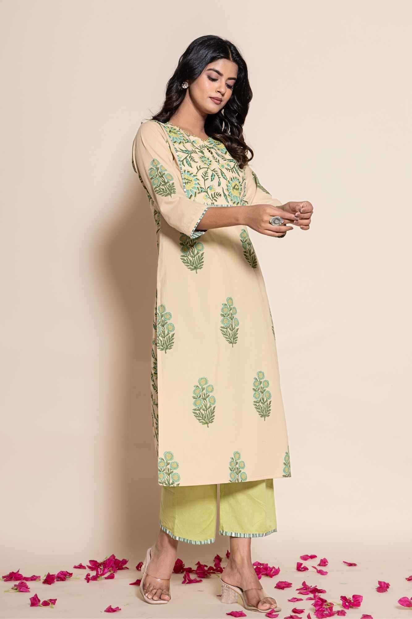 (Set of 2) Naksh Beige Cotton Dual Print Straight Kurta And Pants