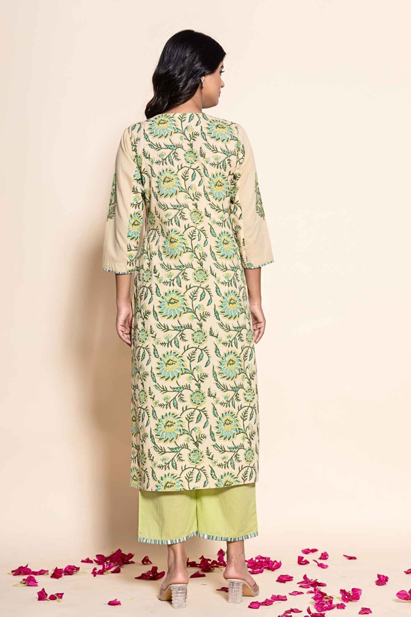 (Set of 2) Naksh Beige Cotton Dual Print Straight Kurta And Pants