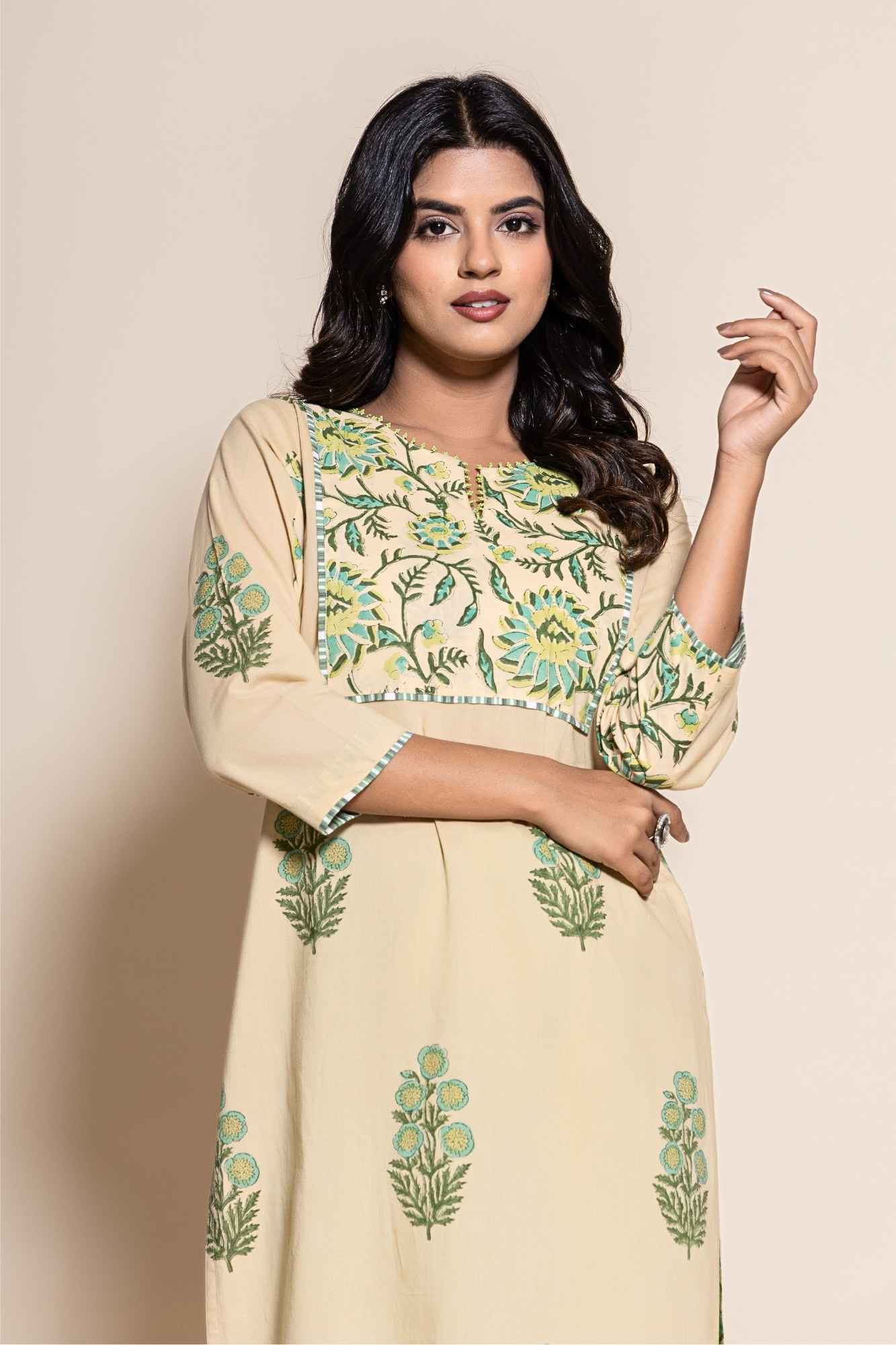 (Set of 2) Naksh Beige Cotton Dual Print Straight Kurta And Pants