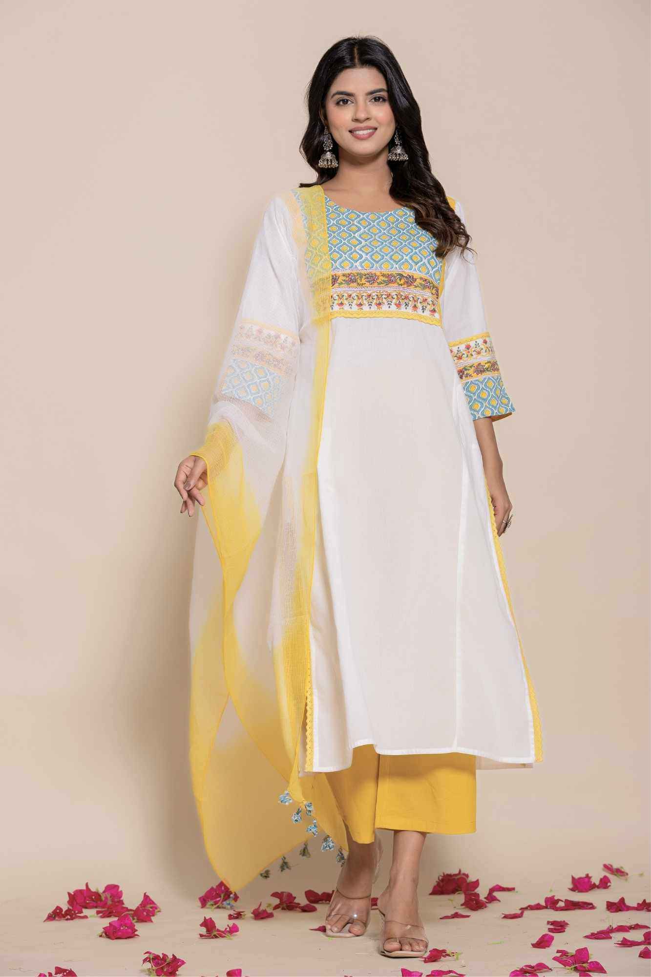 (Set of 2) Naksh White Cotton Kurta Pants And Shaded Dupatta