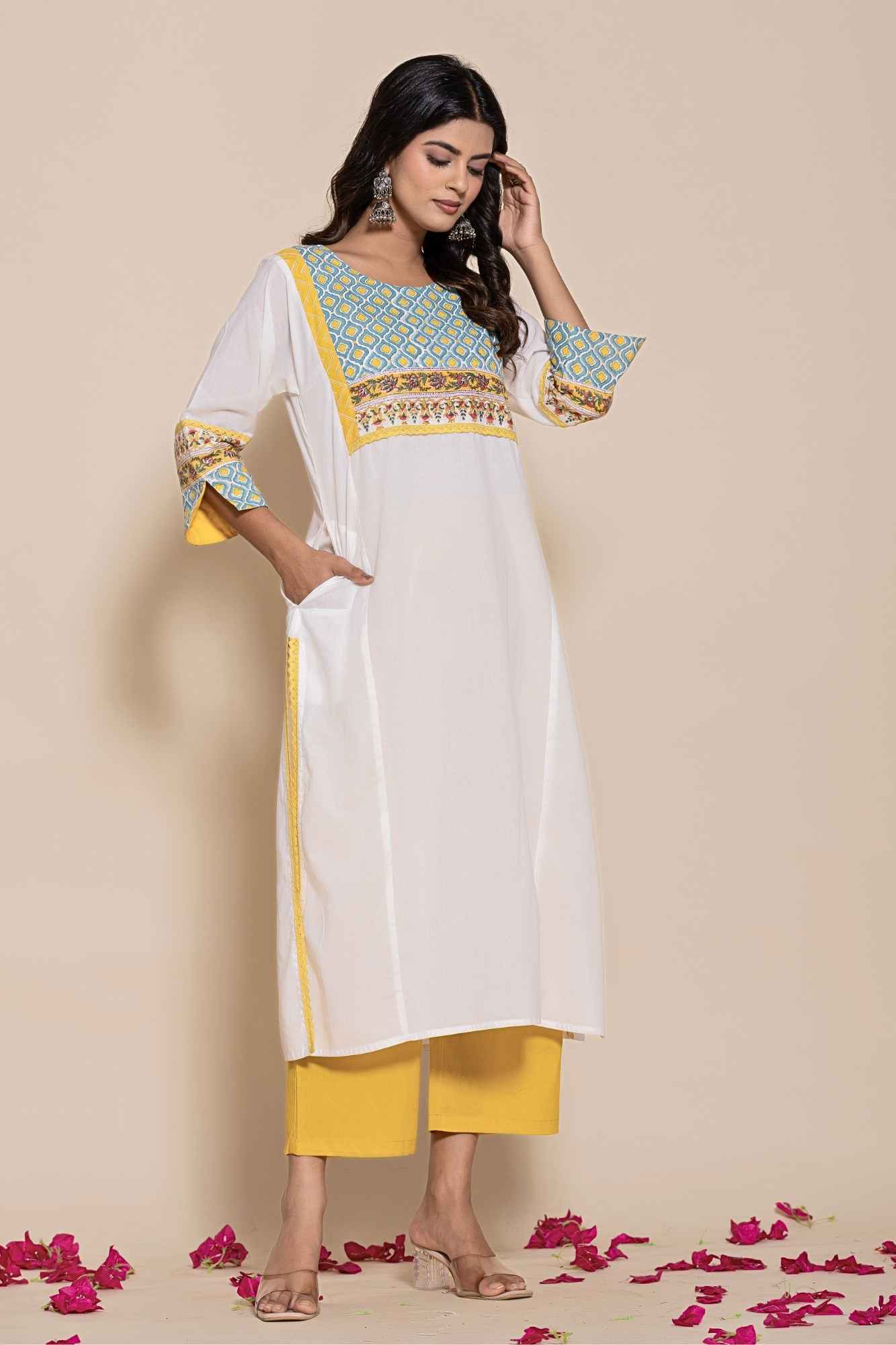 (Set of 2) Naksh White Cotton Kurta Pants And Shaded Dupatta