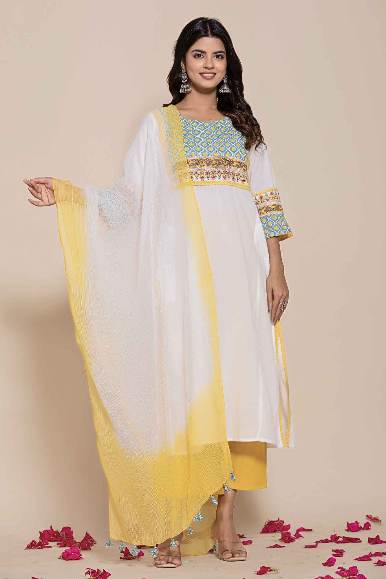 (Set of 2) Naksh White Cotton Kurta Pants And Shaded Dupatta