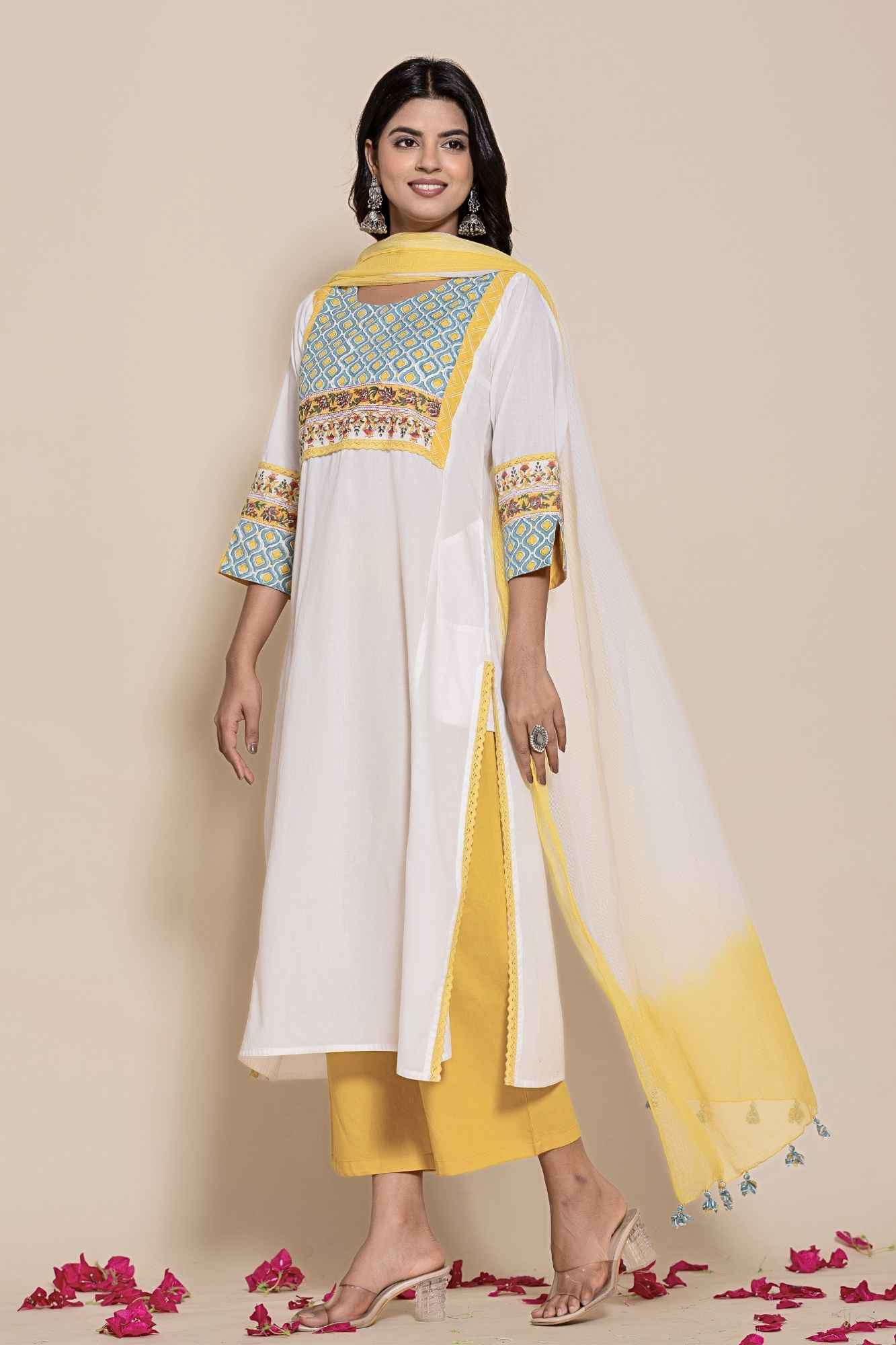 (Set of 2) Naksh White Cotton Kurta Pants And Shaded Dupatta