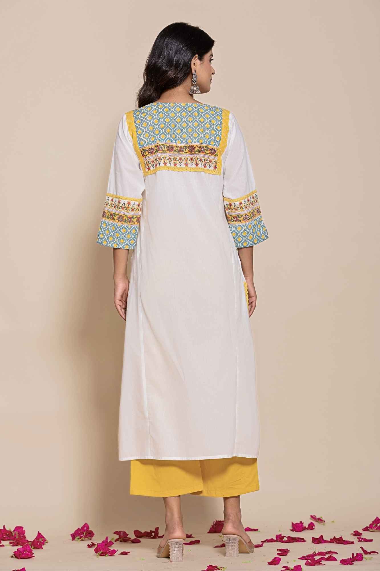 (Set of 2) Naksh White Cotton Kurta Pants And Shaded Dupatta