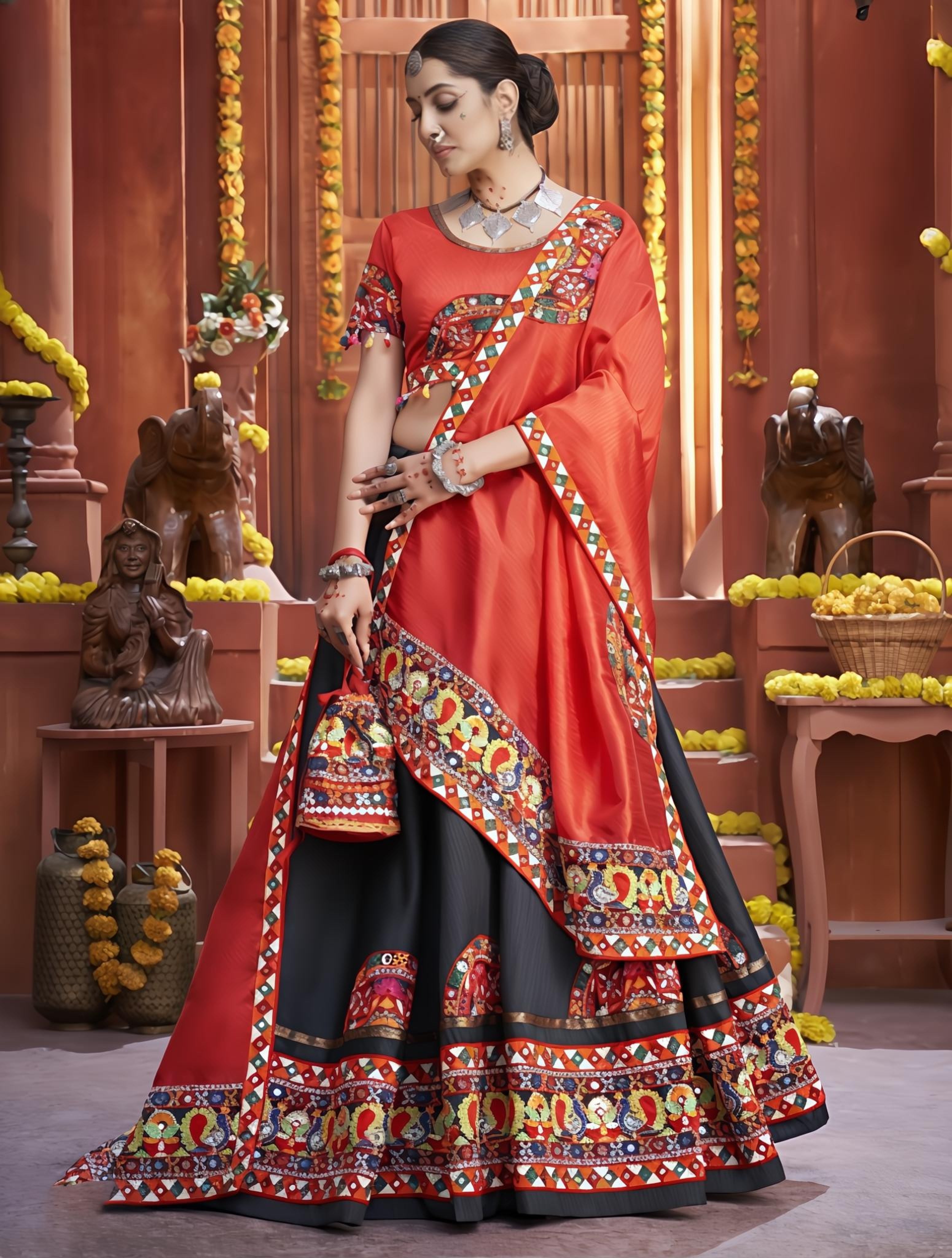 Tritiyaa Navratri Designer Semi-Stitched Lehenga Choli with Embroidered Dupatta – Festive Ethnic Wear for Garba & Celebrations