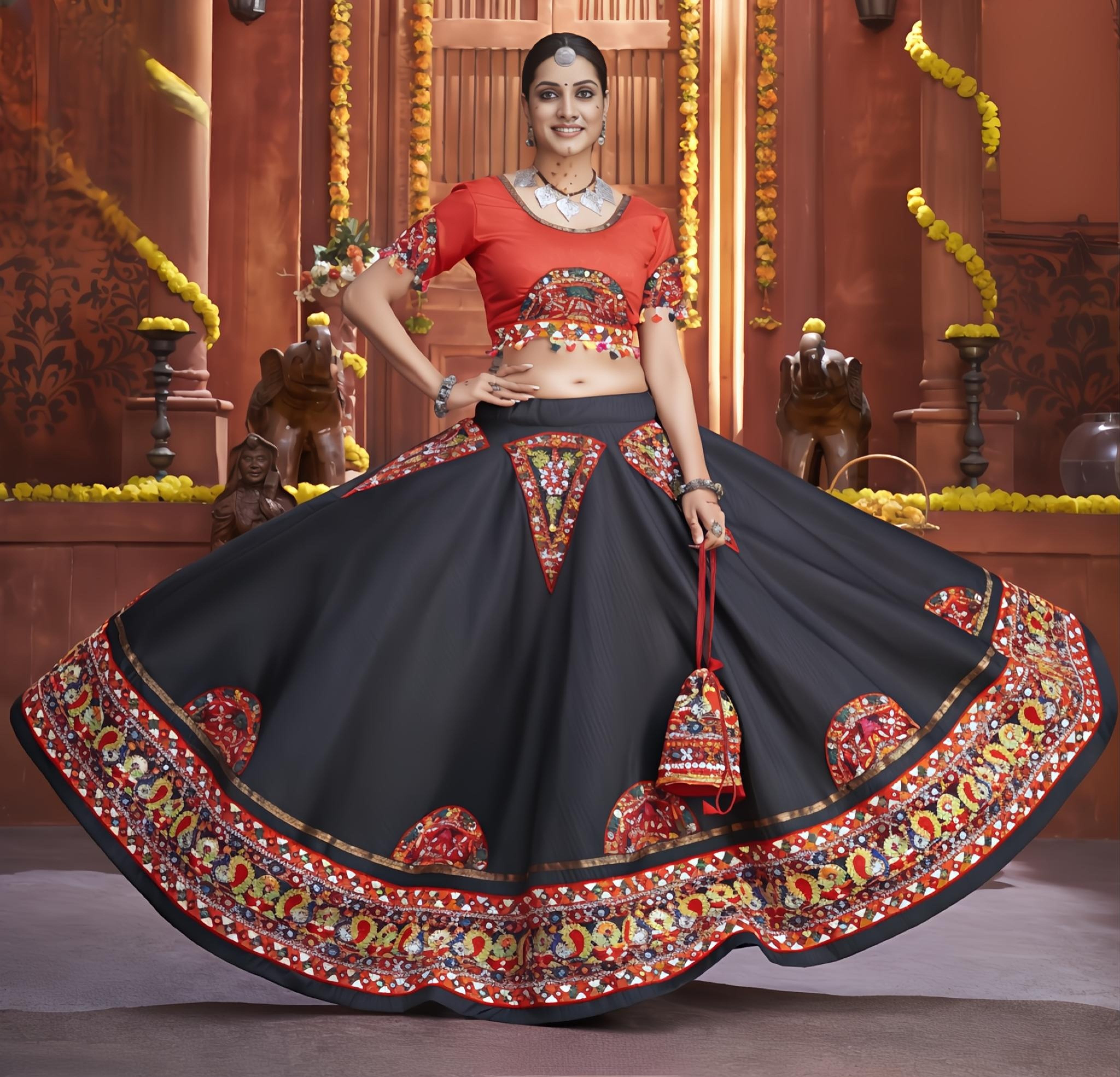 Tritiyaa Navratri Designer Semi-Stitched Lehenga Choli with Embroidered Dupatta – Festive Ethnic Wear for Garba & Celebrations