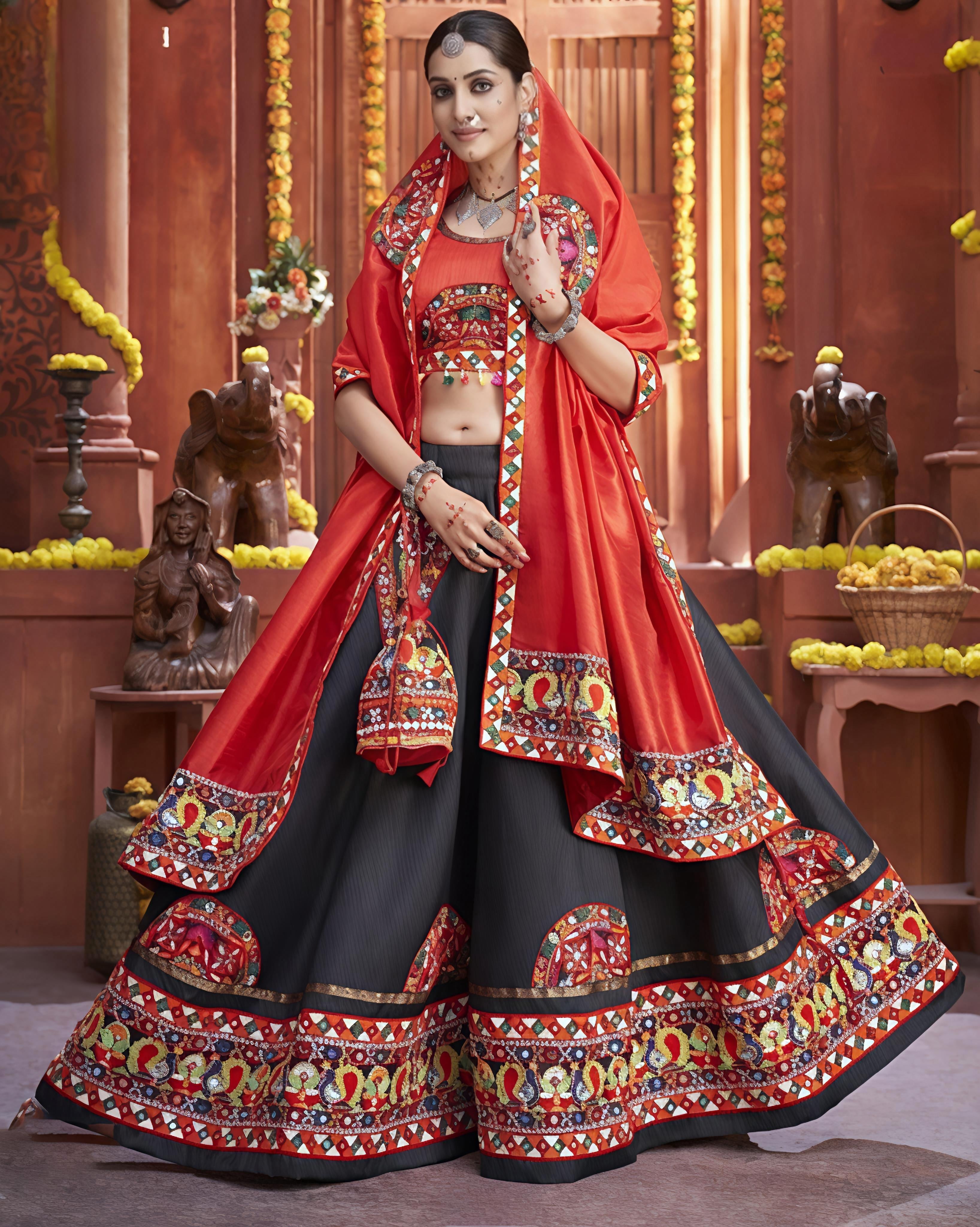 Tritiyaa Navratri Designer Semi-Stitched Lehenga Choli with Embroidered Dupatta – Festive Ethnic Wear for Garba & Celebrations