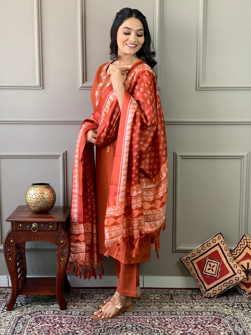 Tritiyaa Handloom Khadi Cotton Suit | Rose Embroidered Kurti with Pants & ece Kantha Print Silk Dupatta
