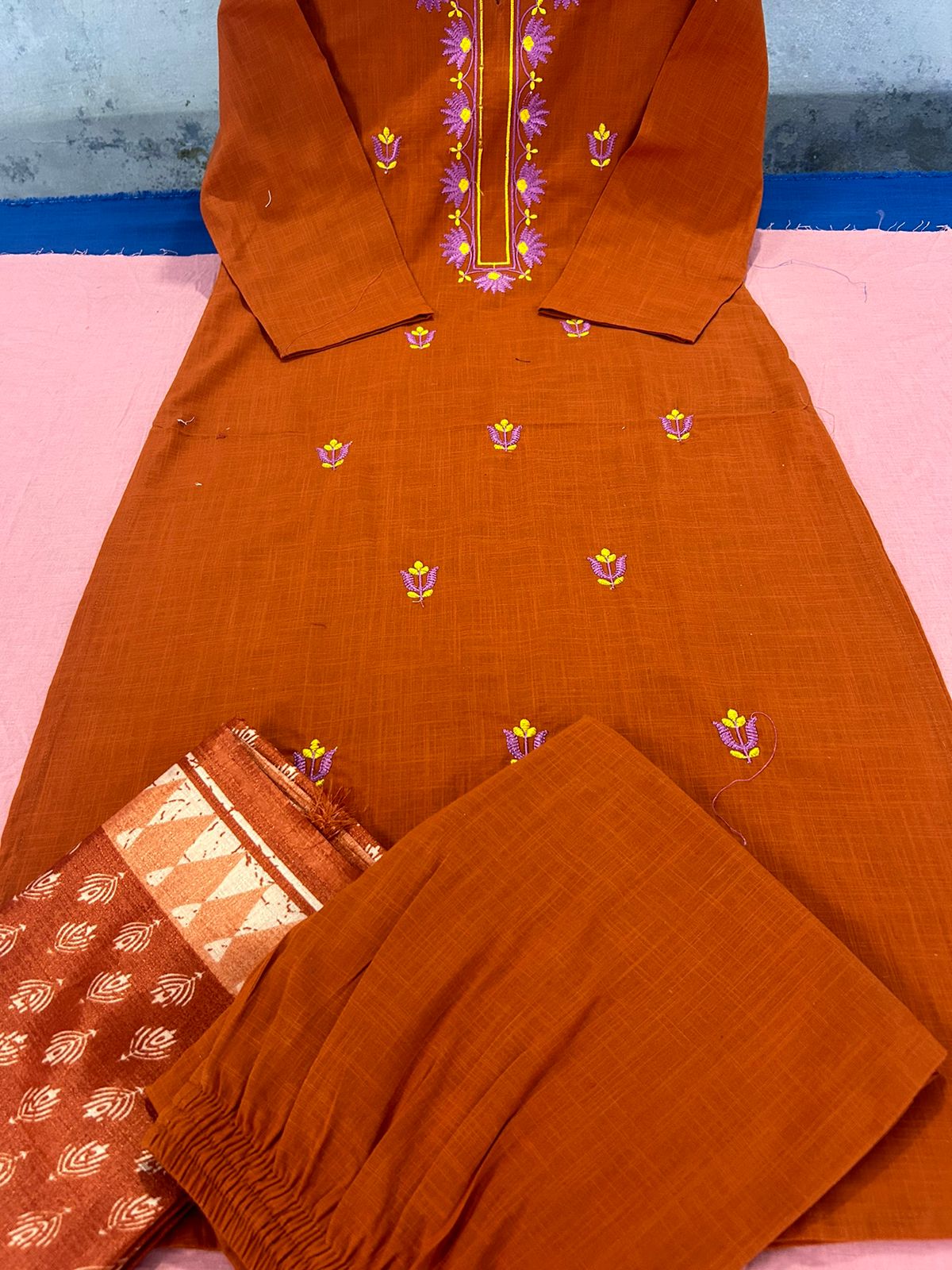 Tritiyaa Handloom Khadi Cotton Suit | Rose Embroidered Kurti with Pants & ece Kantha Print Silk Dupatta