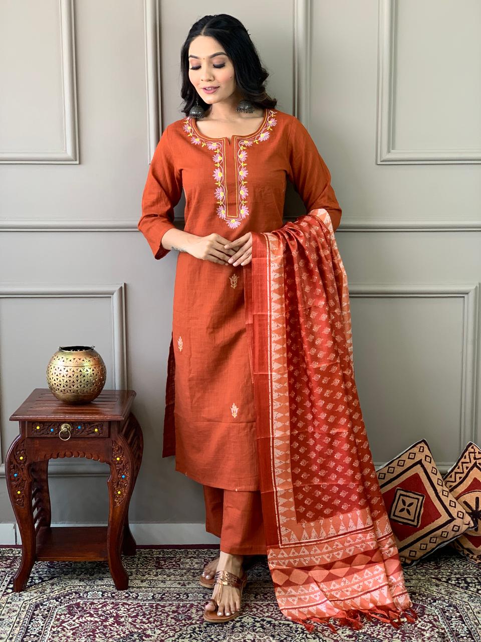 Tritiyaa Handloom Khadi Cotton Suit | Rose Embroidered Kurti with Pants & ece Kantha Print Silk Dupatta