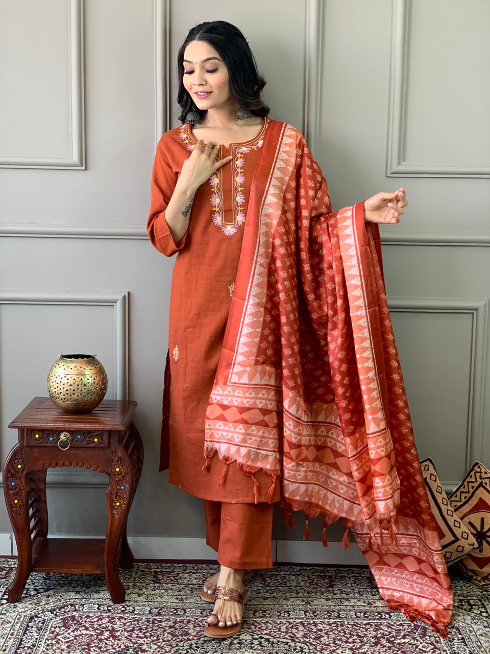 Tritiyaa Handloom Khadi Cotton Suit | Rose Embroidered Kurti with Pants & ece Kantha Print Silk Dupatta