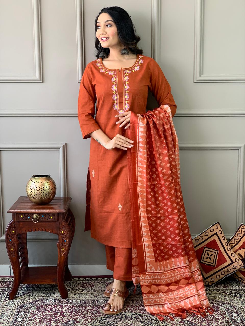 Tritiyaa Handloom Khadi Cotton Suit | Rose Embroidered Kurti with Pants & ece Kantha Print Silk Dupatta