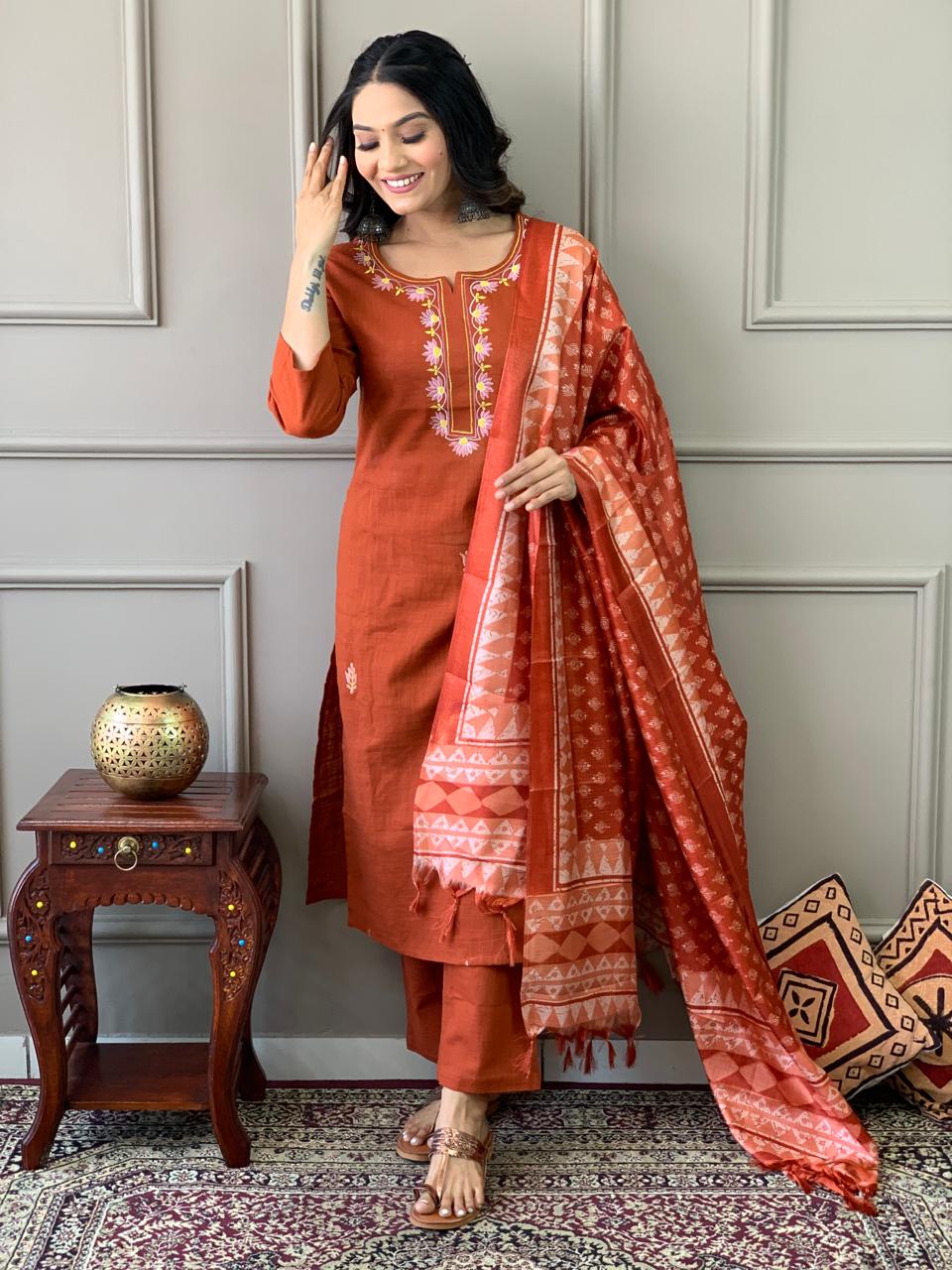 Tritiyaa Handloom Khadi Cotton Suit | Rose Embroidered Kurti with Pants & ece Kantha Print Silk Dupatta