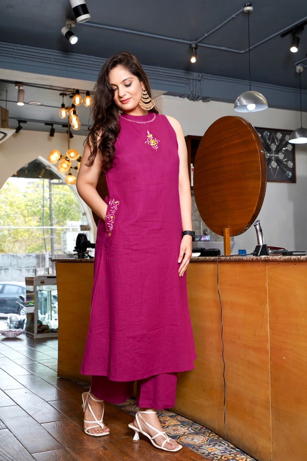 Tritiyaa A-Line Cotton Slub Kurta Set with Palazzo | Embroidered Neck & Pocket Detailing