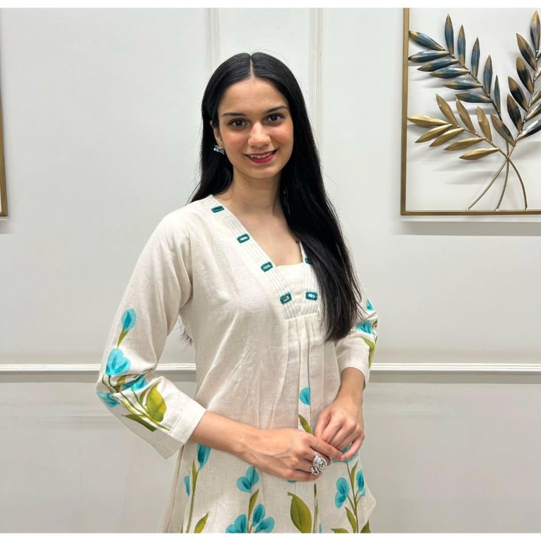 Tritiyaa Festival Special Brush Print Cotton Flex Co-Ord Set | Lace Detail Kurti with Pants