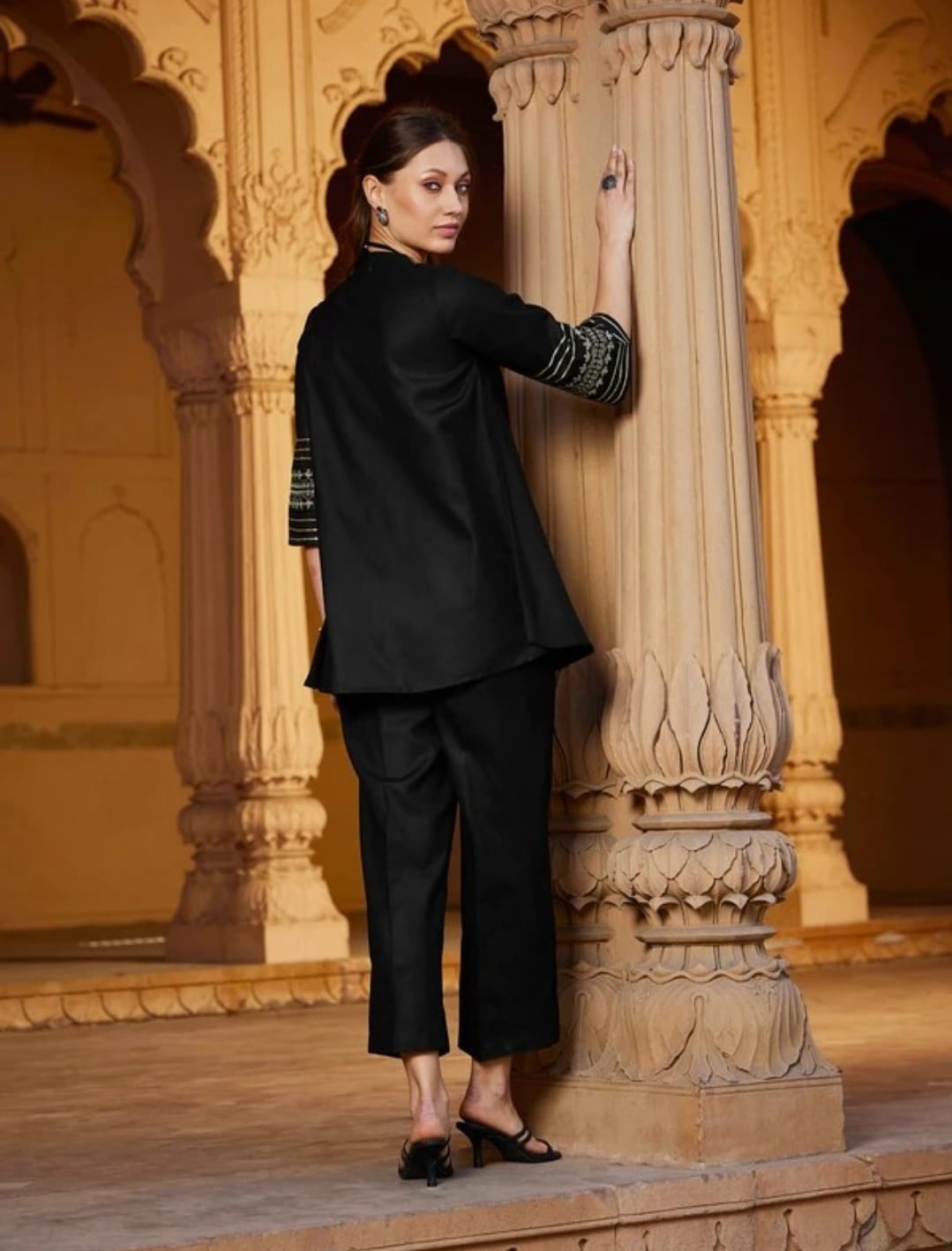 Tritiyaa Black Cotton Slub Co-Ord Set | Embroidered Sleeve Kurti with Pants | Elegant Ethnic Wear