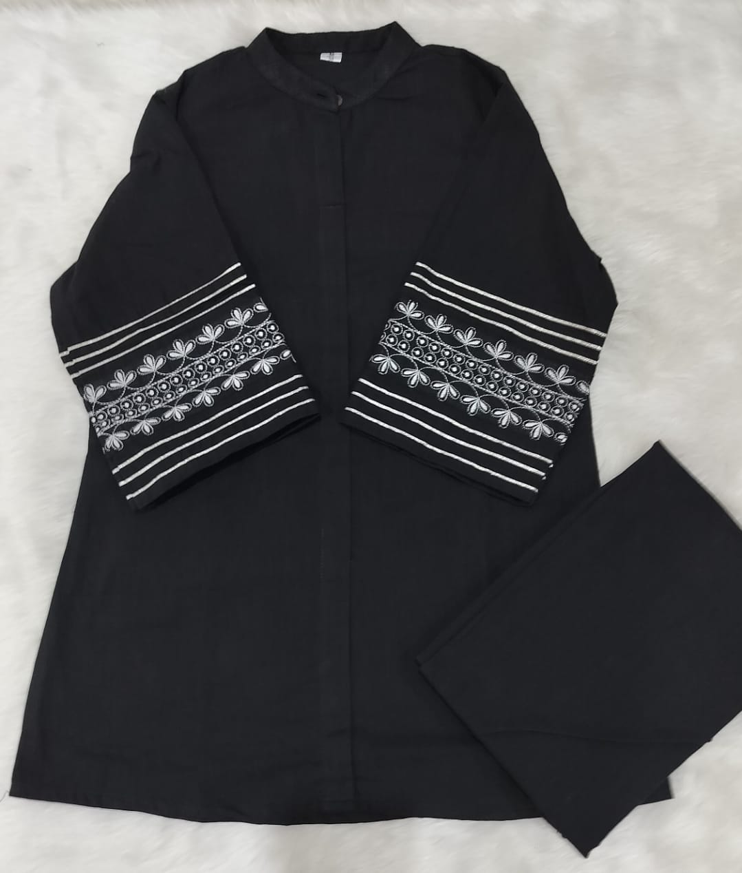 Tritiyaa Black Cotton Slub Co-Ord Set | Embroidered Sleeve Kurti with Pants | Elegant Ethnic Wear